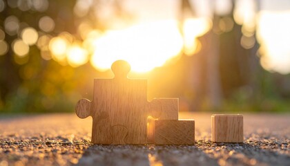 Wooden puzzle piece and building blocks silhouetted against a bright golden sunset. Concept of solution, strategy, and future development.