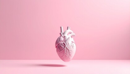 Pink 3D anatomical human heart model floating in a minimalist monochromatic studio against a pink background.