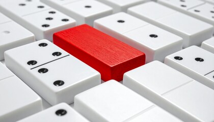 Red block standing out among uniform white dominoes, symbolizing uniqueness and individuality