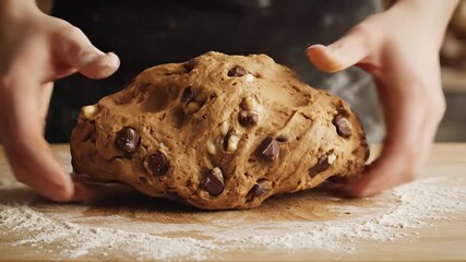 Hands kneading dough with chocolate chips on a floured wooden surface preparing homemade cookies or bread in a cozy kitchen setting baking concept.
