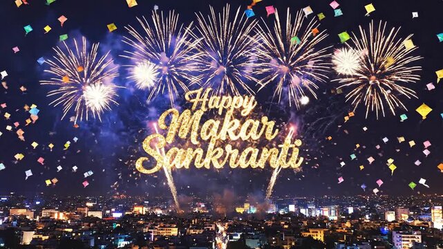 Happy Makar Sankranti celebration over city fireworks display and kites