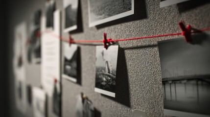 foolishness. A corkboard covered in black and white photos connected by a red thread. lifestyle magazines, social media lookbooks, designed for influencer and brand collaborations.