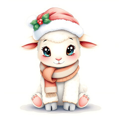 Cute lamb wearing santa hat and scarf