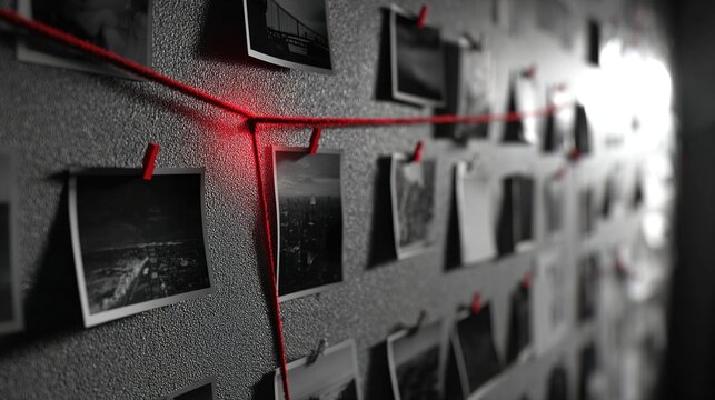 foolishness. A corkboard covered in black and white photos connected by a red thread. lifestyle magazines, social media lookbooks, designed for influencer and brand collaborations.