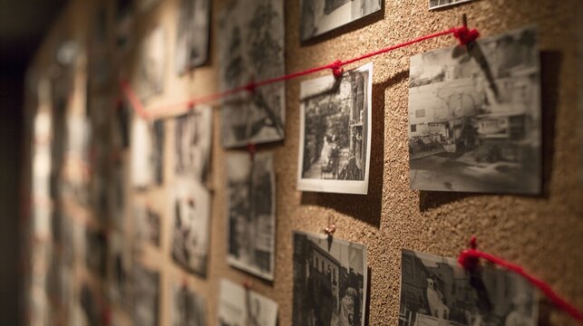 foolishness. A corkboard covered in black and white photos connected by a red thread. lifestyle magazines, social media lookbooks, designed for influencer and brand collaborations.