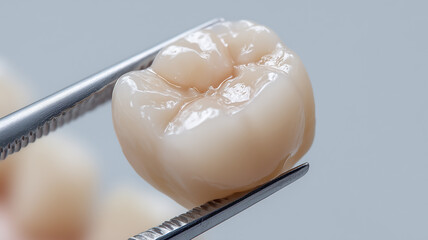 A realistic dental crown held by surgical tweezers representing restorative dentistry and tooth replacement treatment.
