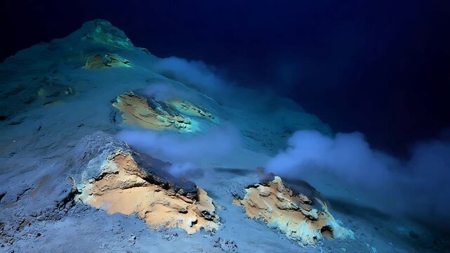 Mysterious Volcanic Landscape at Night with Glowing Sulfur Fumes and Steaming Vents.