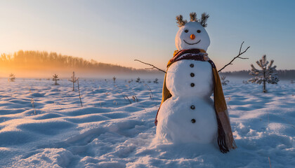 Obraz premium A cheerful snowman wearing a scarf stands in a snowy landscape at sunset