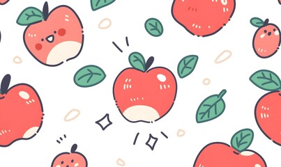 pattern of vibrant red apples with green leaves, illustrated in the style 