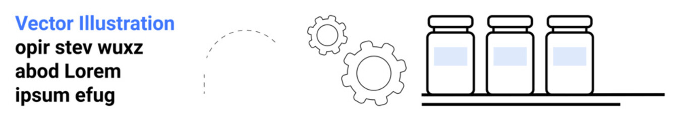 Industrial production, pharmaceutical development, supply chain, automation, manufacturing, technology. Illustration of medicine bottles and gear icons. Pharmaceutical development and automation