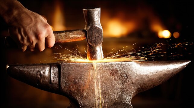 silversmith. A silversmith hammering a silver sheet on an anvil in a dim workshop. safety posters, maintenance manuals, designed for precision metalworking and fabrication facilities.