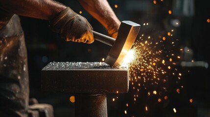silversmith. A silversmith hammering a silver sheet on an anvil in a dim workshop. safety posters, maintenance manuals, designed for precision metalworking and fabrication facilities.