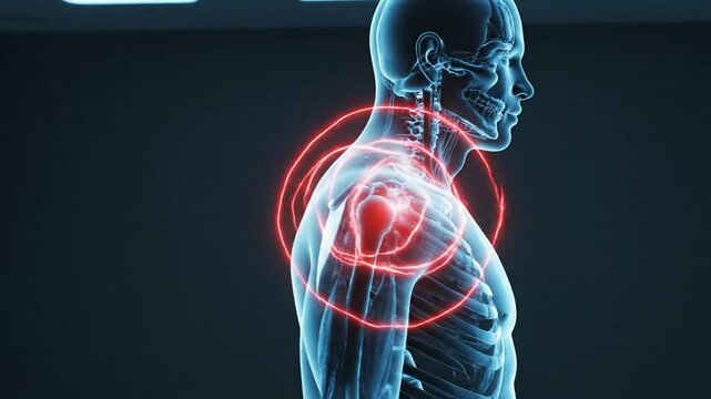 Medical Illustration Depicting Human Shoulder Anatomy With Glowing Red Inflammation And Skeletal Structure In A Dark Environment With Soft Lighting