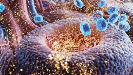 Microscopic Cellular Interaction Animated Abstract with Glowing Particles and Hexagonal Structures in Warm Orange and Blue Tones - Powered by Adobe