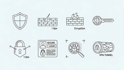 Cybersecurity Icons - Shield, Firewall, Encryption, Key, Lock, Login.