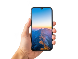 Hand holding smartphone with mountain view isolated on transparent background