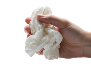 Hand holding crumpled tissue isolated on transparent background