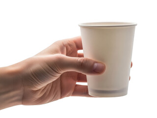 Hand holding disposable coffee cup isolated on transparent background