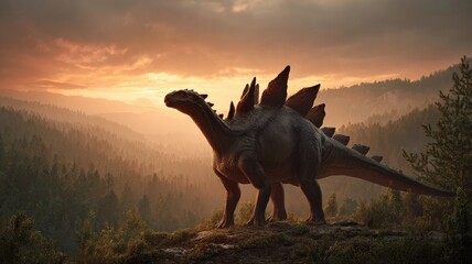 cinematic shot of a massive Stegosaurus with its distinctive back plates silhouetted against a vibrant sunset, standing on a ridge overlooking a lush forest, serene and majestic, photorealistic