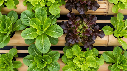 Vibrant and diverse collection of fresh, crisp leafy greens flourishing in an advanced vertical garden, perfect for healthy culinary use and sustainable food cultivation