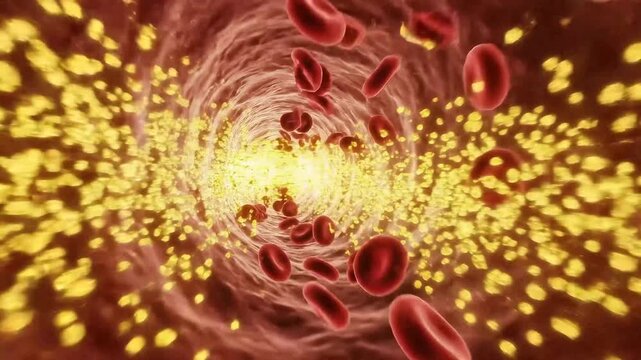 Microscopic View of Bloodstream Flowing with Red Blood Cells and Cholesterol Particles Under Dramatic Lighting