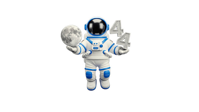 Astronaut Holding Moon and Number 4s on White Background