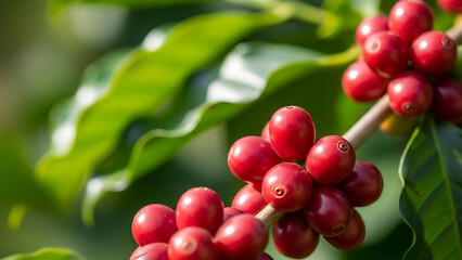 Close-up of ripe red coffee cherries hanging from a branch with green leaves in bright sunlight