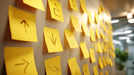 yellow sticky notes arrows on office wall decision making planning concept