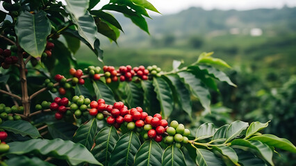 Vibrant Coffee Cherries Ripening on a Branch Amidst Lush Greenery at a Coffee Plantation