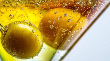 macro olive in martini glass with condensation on white background