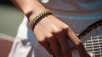 female tennis player hand wearing gold bracelet close up sports elegance