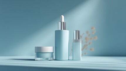 minimalist skincare product set with blue gradient light and futuristic studio mood