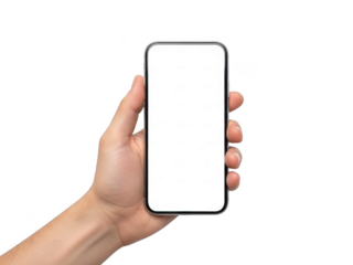 Hand holding blank smartphone isolated on transparent background