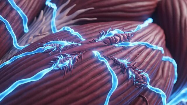 Microscopic View of Damaged Muscle Fibers with Blue Energy Flow Representing Healing or Inflammation