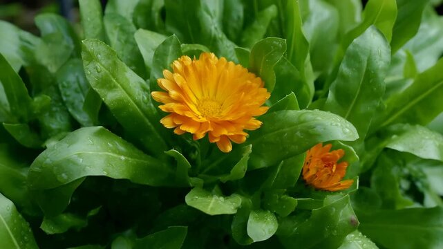 Vibrant Orange Calendula Flower Blossoms Among Fresh Green Leaves Dusted with Raindrops.