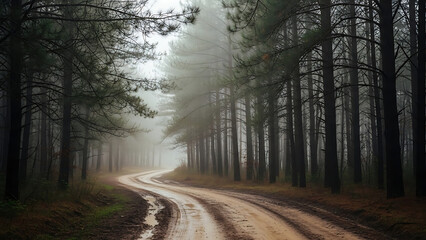 Foggy dirt road winds through a dense pine forest on a gloomy day