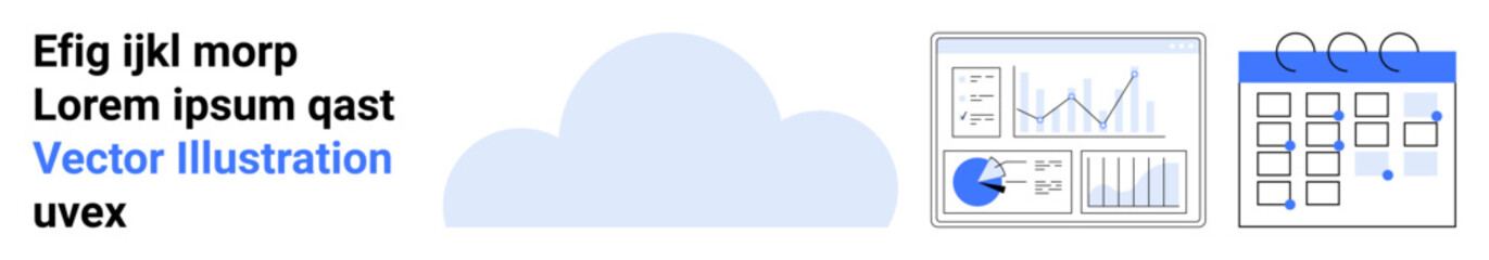 Cloud at center, flanked by analytical graphs and a calendar. Ideal for data management, productivity, scheduling, cloud computing, analytics, planning, and simple landing page