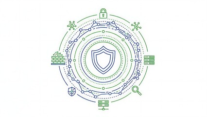 Cybersecurity Shield with Data Protection and Network Security Icons.