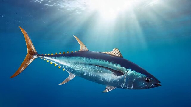 Large Yellowfin Tuna Gliding Through Clear Ocean Water Under Bright Sun.