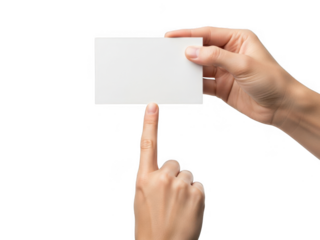 Hand offering a blank business card isolated on transparent background
