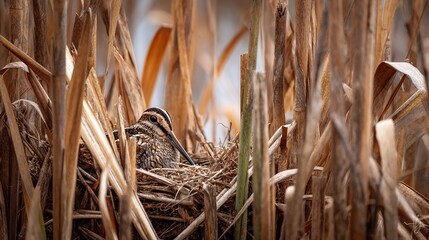 woodcock. A well-camouflaged bird nest hidden among reeds in a wetland. wildlife magazines, conservation campaigns, designed for nature documentaries and education, used by brand managers.