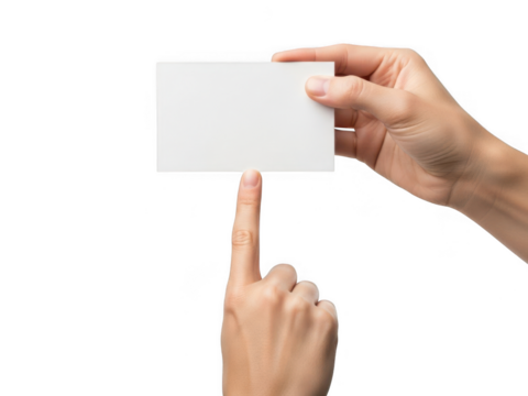 Hand offering a blank business card isolated on transparent background - Powered by Adobe
