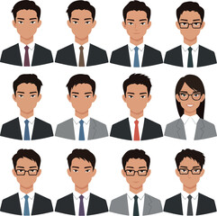Asian Businessman Icons Diverse Styles Minimalist Flat Design