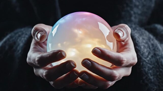 Hands holding crystal ball mystically glowing.