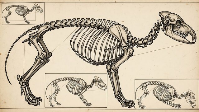 Detailed skeletal structure of a quadruped animal with inset diagrams.