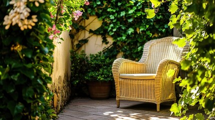 oligarchy. Wicker armchair nestled in a garden surrounded by ivy vines and soft natural light. real-estate listings.