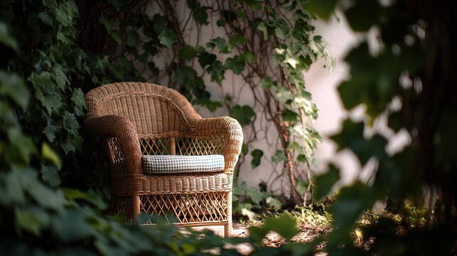 oligarchy. Wicker armchair nestled in a garden surrounded by ivy vines and soft natural light. real-estate listings.