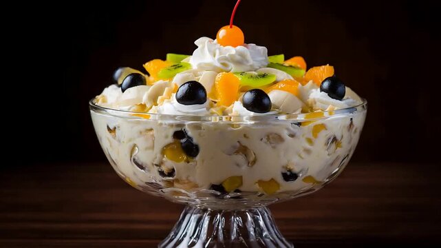 Luscious Mixed Fruit Dessert Trifle with Whipped Cream, Kiwi, and Cherry Garnish.