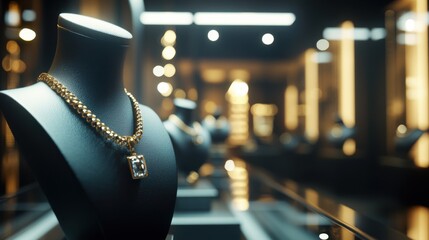 A modern luxury jewelry store setting with multiple mannequin displays showcasing  on blurred background