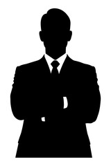 Silhouette of a businessman in a suit standing with arms crossed against white
